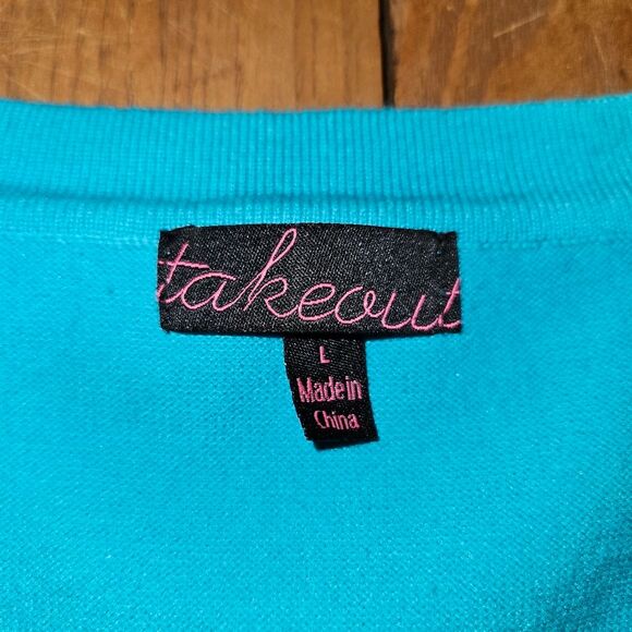 Takeout Teal Blue Cropped Button-Up Short Sleeve Shrug Cardigan Size Large - Picture 6 of 8
